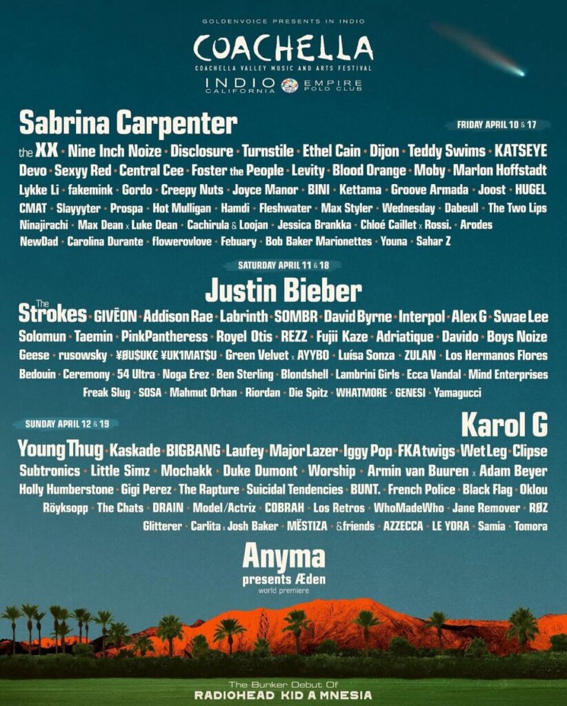 Sabrina Carpenter, Justin Bieber, and Karol G Lead Coachella 2026 Lineup